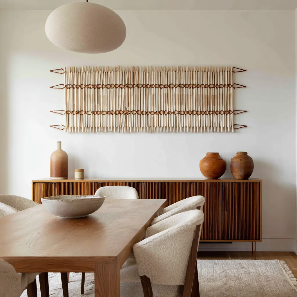 Beath theme dining room interior design concept with a large woven wall panel, a dark slatted sideboard, a rich wood table Beath theme dining room interior design concept with a large woven wall panel, a dark slatted sideboard, a rich wood table