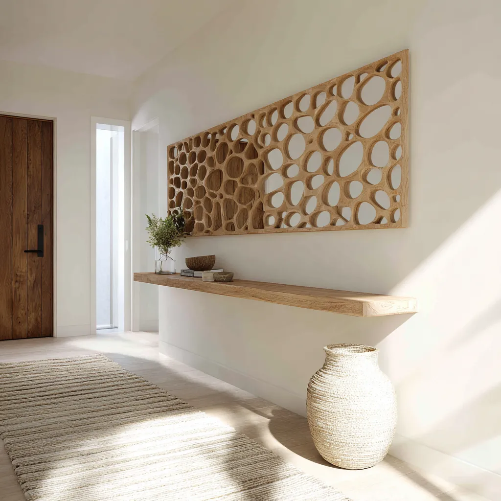 Beath theme entryway concept with large perforated wood wall panel, floating shelf, woven floor vessel, runner rug Beath theme entryway concept with large perforated wood wall panel, floating shelf, woven floor vessel, runner rug