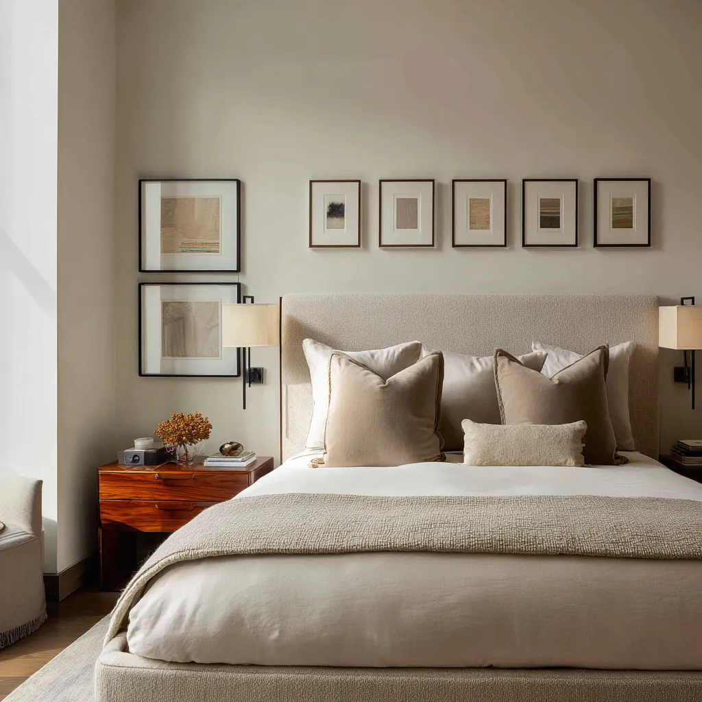 Bedroom decor above bed with three large monochrome relief panels in a serene triptych, adding sculptural texture Bedroom decor above bed with three large monochrome relief panels in a serene triptych, adding sculptural texture