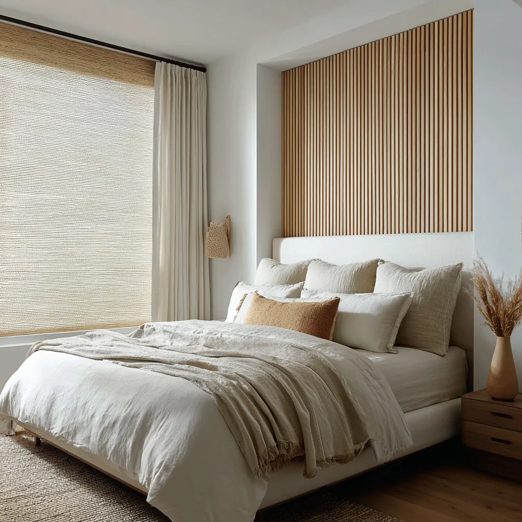 Bedroom window styling ideas with woven natural shade and ivory side drapes, a warm beach theme concept