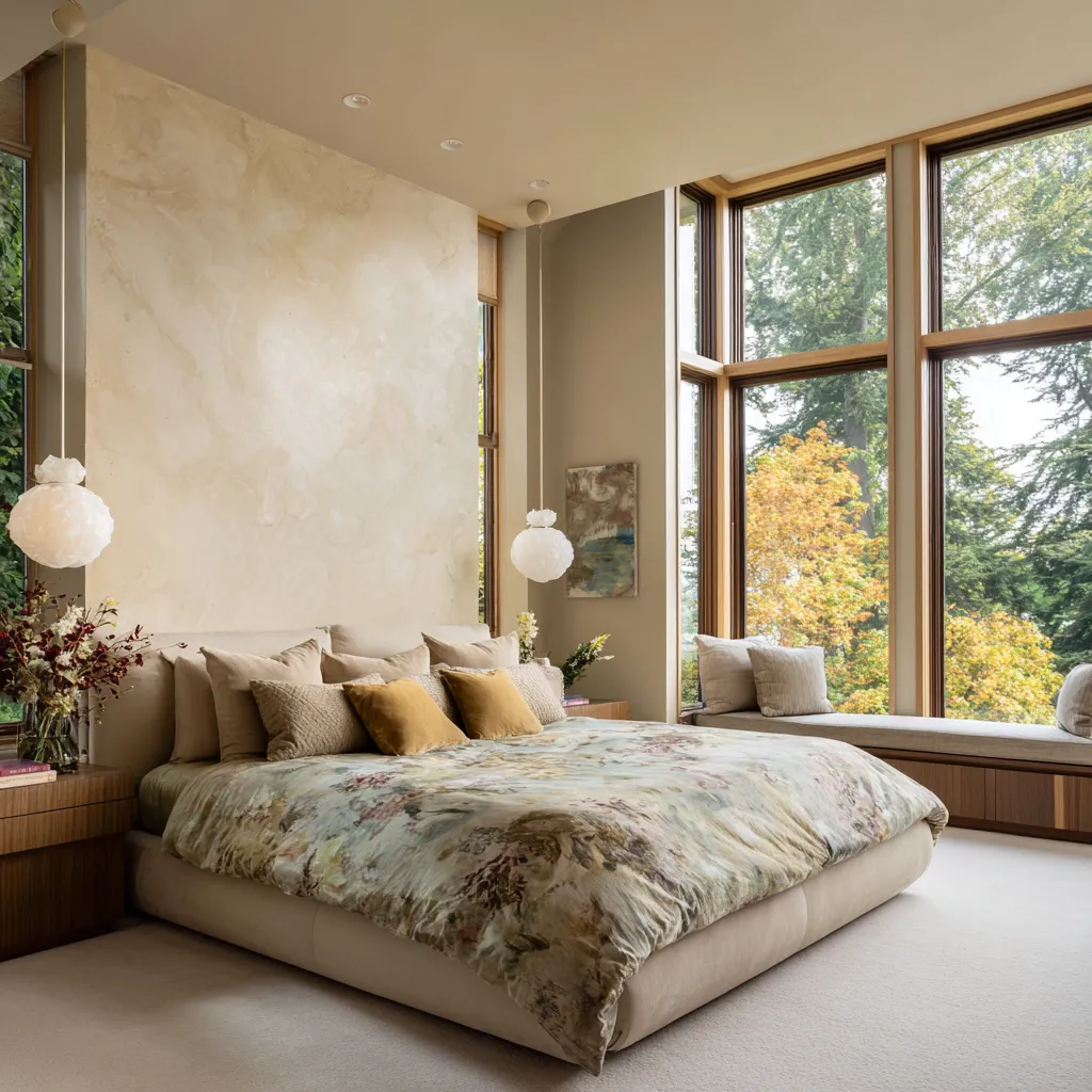 Bedroom with a large plaster wall, low platform bed, soft floral duvet, ochre pillows, and a corner window seat Bedroom with a large plaster wall, low platform bed, soft floral duvet, ochre pillows, and a corner window seat