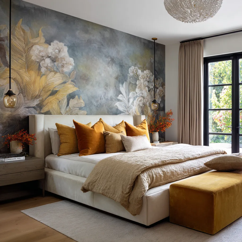 Bedroom with a smoky blue-gray floral mural behind a cream upholstered bed, ochre and amber pillows Bedroom with a smoky blue-gray floral mural behind a cream upholstered bed, ochre and amber pillows