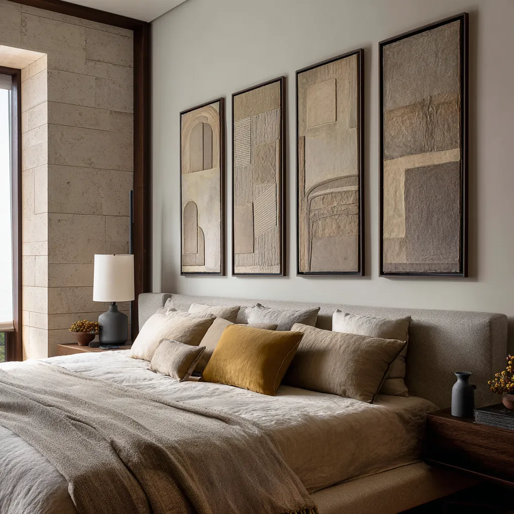 Behind headboard decor with ten small framed artworks in two rows over a grasscloth wall Behind headboard decor with ten small framed artworks in two rows over a grasscloth wall