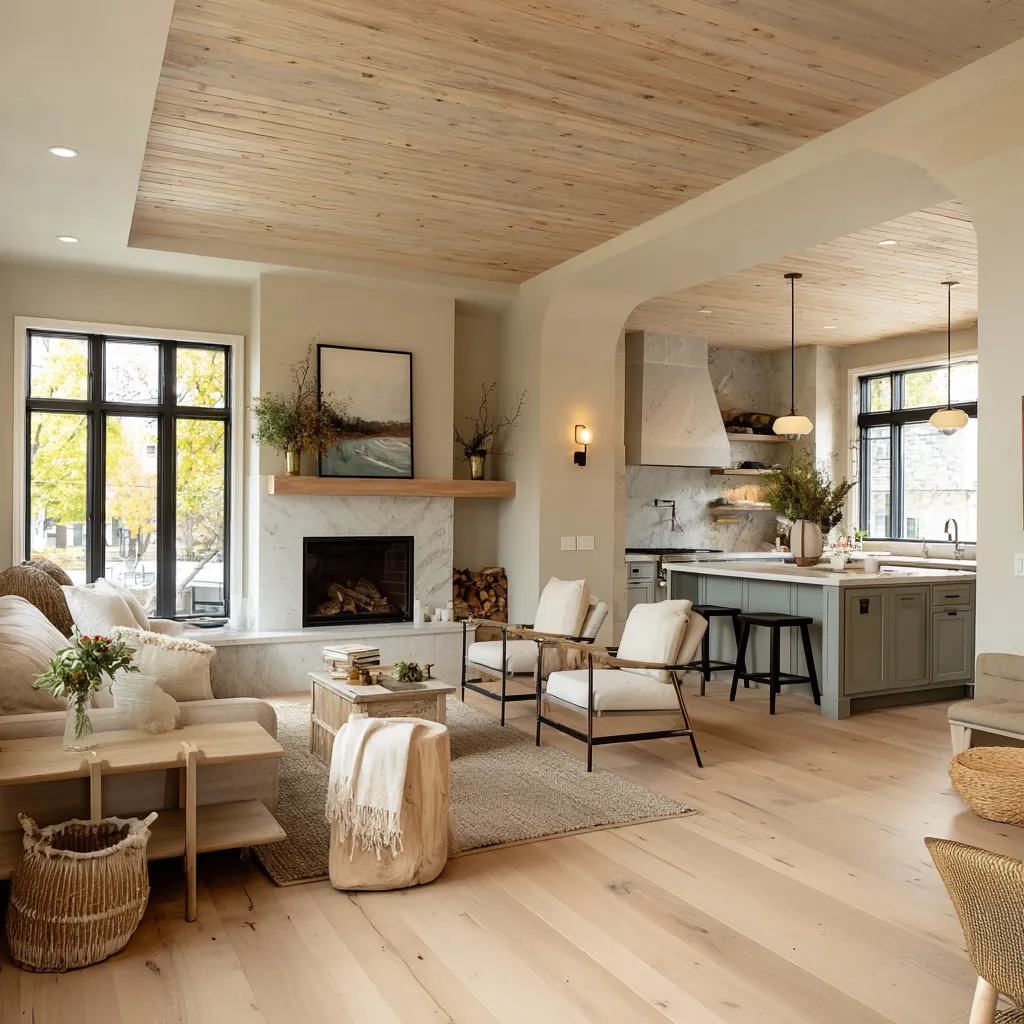 Big great room interior design inspiration with pale wood ceiling, marble hearth, arched opening, muted green-grey kitchen Big great room interior design inspiration with pale wood ceiling, marble hearth, arched opening, muted green-grey kitchen