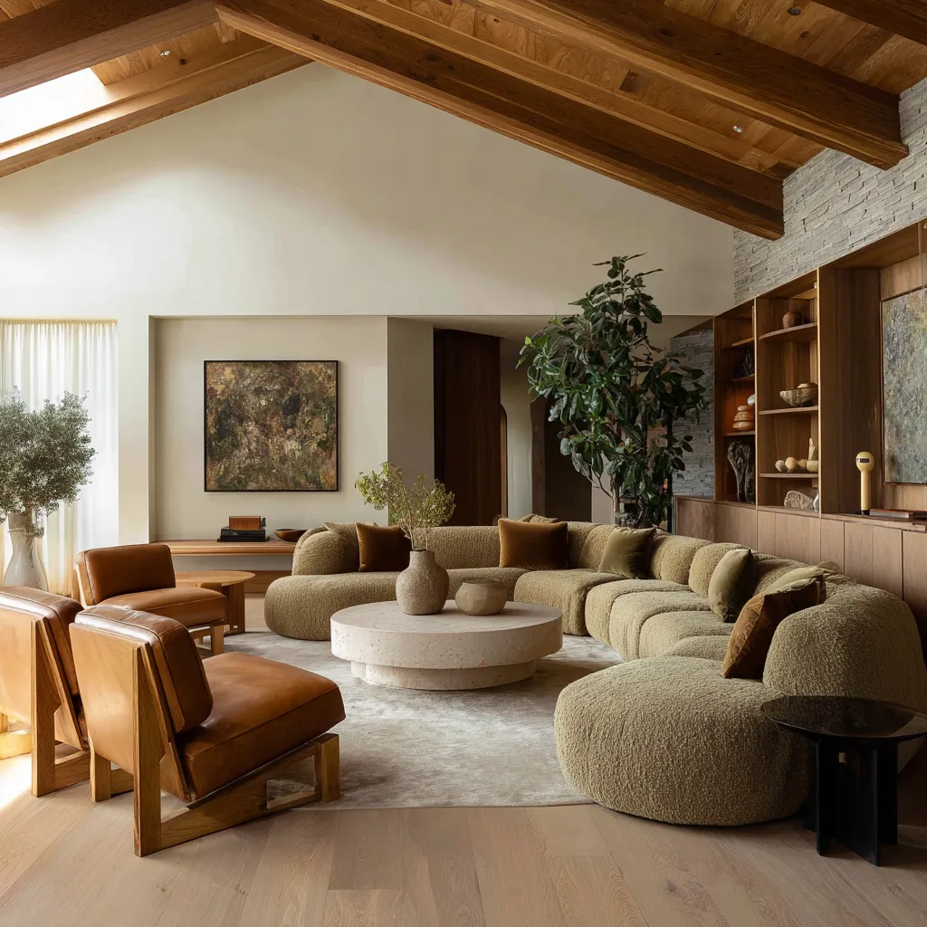 Big living room Danish-inspired interior design concept with a vaulted timber ceiling, oversized curved sectional Big living room Danish-inspired interior design concept with a vaulted timber ceiling, oversized curved sectional