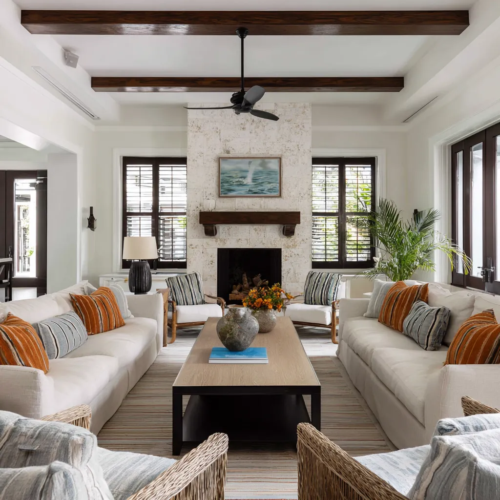 Big living room design inspiration in Tropical British colonial style with a centered fireplace, matching shuttered windows Big living room design inspiration in Tropical British colonial style with a centered fireplace, matching shuttered windows