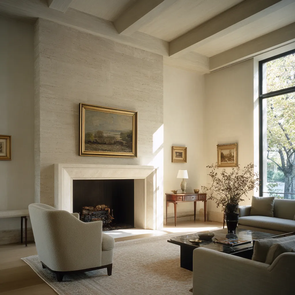 Big living room interior design with a tall stone chimney breast, pale ceiling beams, narrow vertical window Big living room interior design with a tall stone chimney breast, pale ceiling beams, narrow vertical window