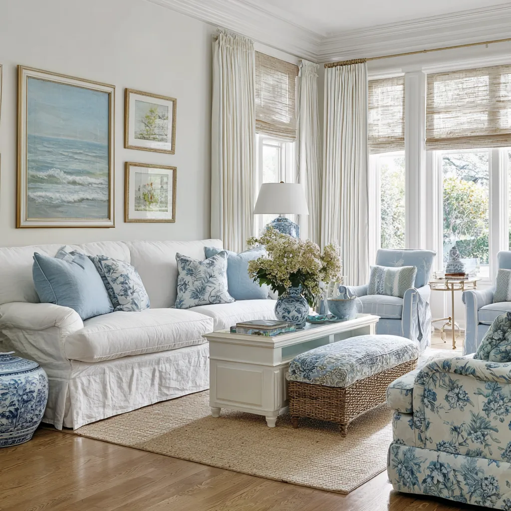 Blue-and-white grandmillennial living room with skirted white sofa, woven ottoman bench, layered window treatments Blue-and-white grandmillennial living room with skirted white sofa, woven ottoman bench, layered window treatments