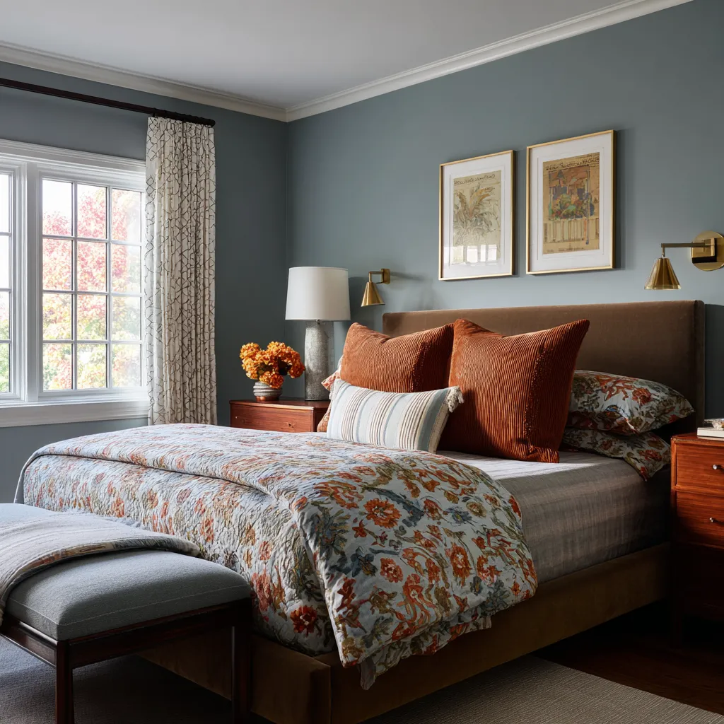 Blue-gray bedroom with warm wood nightstands, floral quilt, rust pillows, brass wall sconces, and patterned curtains Blue-gray bedroom with warm wood nightstands, floral quilt, rust pillows, brass wall sconces, and patterned curtains