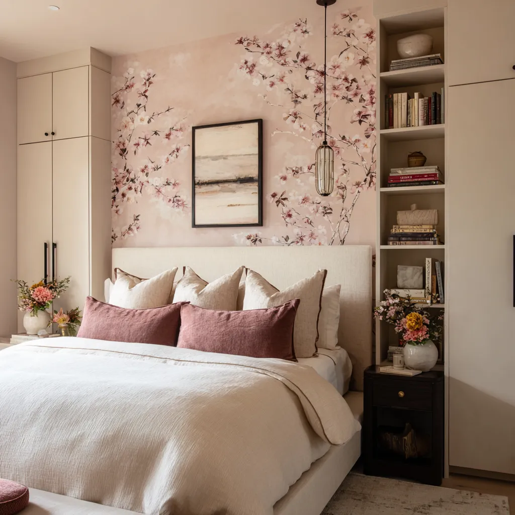 Blush pink, shell, cream, greige, black, and dark wood turning floral maximalism into a very disciplined built-in composition Blush pink, shell, cream, greige, black, and dark wood turning floral maximalism into a very disciplined built-in composition