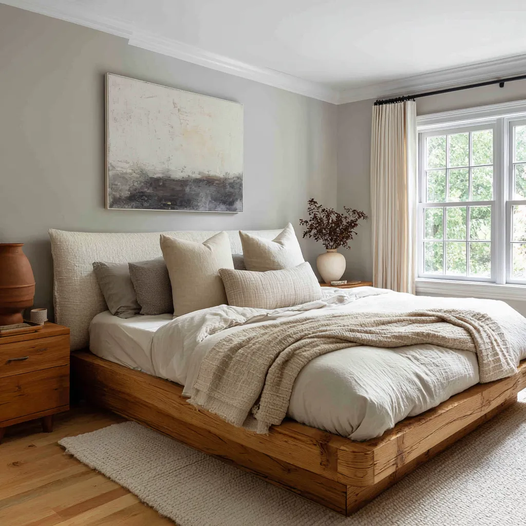 Boho Scandinavian bedroom with a low rustic wood platform bed, layered cream and taupe bedding, simple nightstands Boho Scandinavian bedroom with a low rustic wood platform bed, layered cream and taupe bedding, simple nightstands
