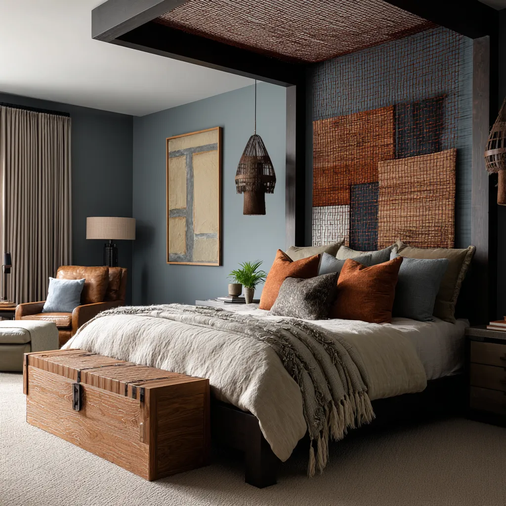 Bold eclectic bedroom design with a smoked oak canopy frame and woven top, slate-blue walls, a geometric textile panel behind the bed Bold eclectic bedroom design with a smoked oak canopy frame and woven top, slate-blue walls, a geometric textile panel behind the bed