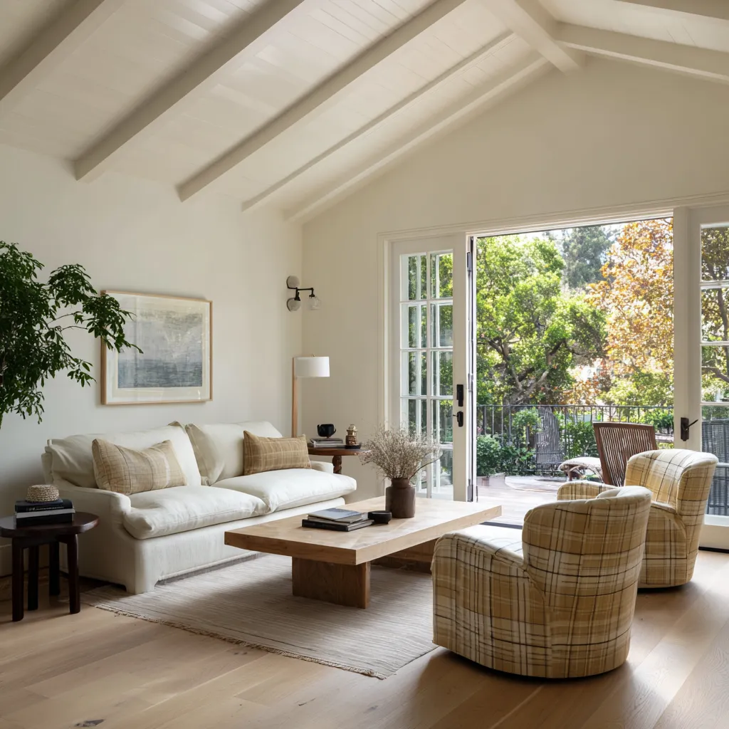 Breezy grandmillennial living room design with white vaulted ceiling, open French doors, slipcovered sofa, plaid swivel chairs Breezy grandmillennial living room design with white vaulted ceiling, open French doors, slipcovered sofa, plaid swivel chairs
