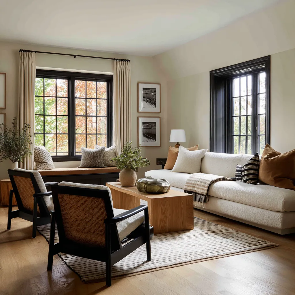 Bright Danish-inspired interior design ideas with dark window trim, built-in bench seating, creamy sofa Bright Danish-inspired interior design ideas with dark window trim, built-in bench seating, creamy sofa