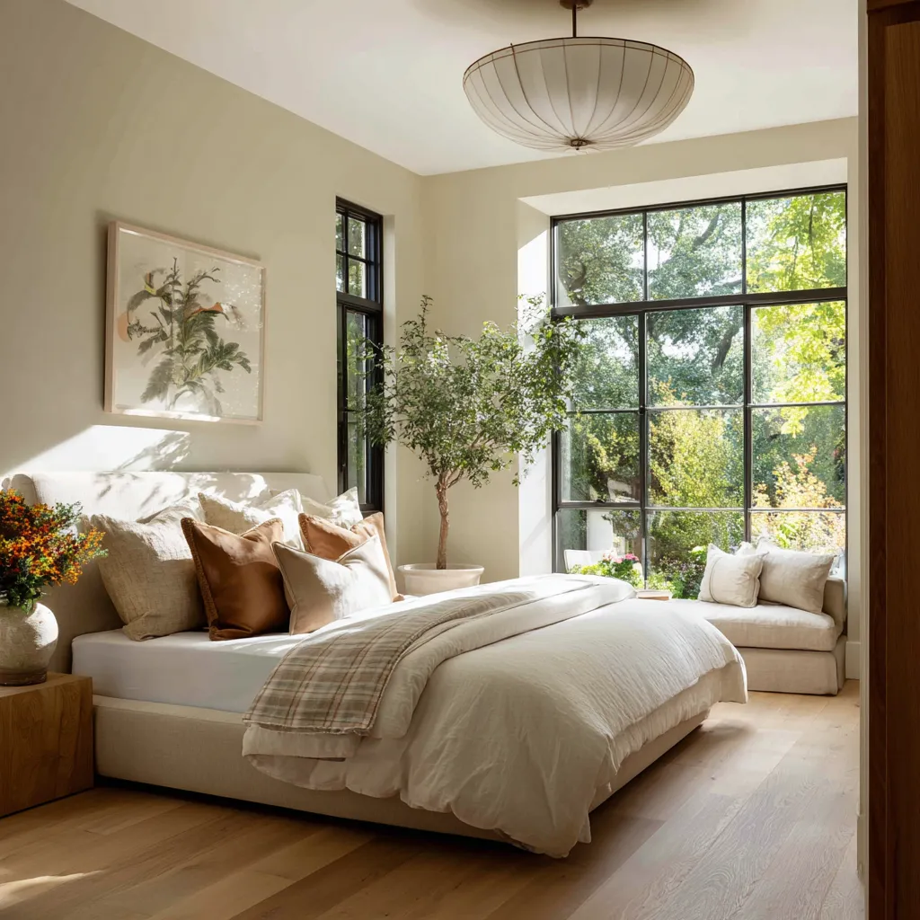 Bright bedroom with black steel windows, pale upholstered bed, camel-toned pillows, botanical artwork, and a plaid throw Bright bedroom with black steel windows, pale upholstered bed, camel-toned pillows, botanical artwork, and a plaid throw