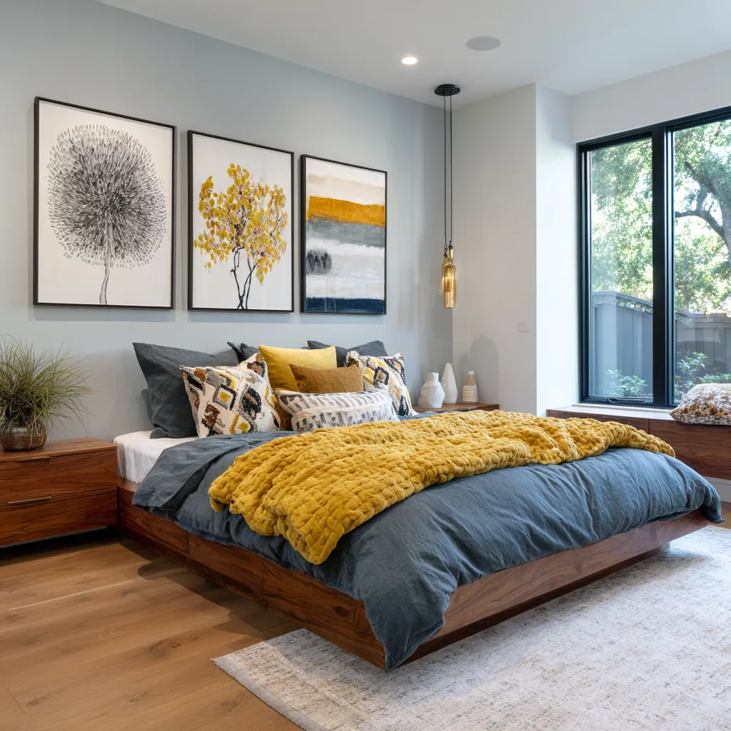 Bright bedroom with pale blue walls, a three-piece art grouping mixing botanical, floral, and abstract works, charcoal-blue bedding Bright bedroom with pale blue walls, a three-piece art grouping mixing botanical, floral, and abstract works, charcoal-blue bedding