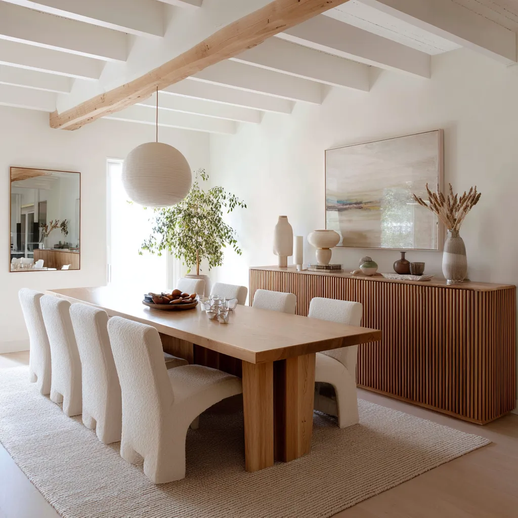 Bright coastal dining room design idea with white ceiling beams, one natural wood beam, pale dining table, creamy slipcovered chairs Bright coastal dining room design idea with white ceiling beams, one natural wood beam, pale dining table, creamy slipcovered chairs