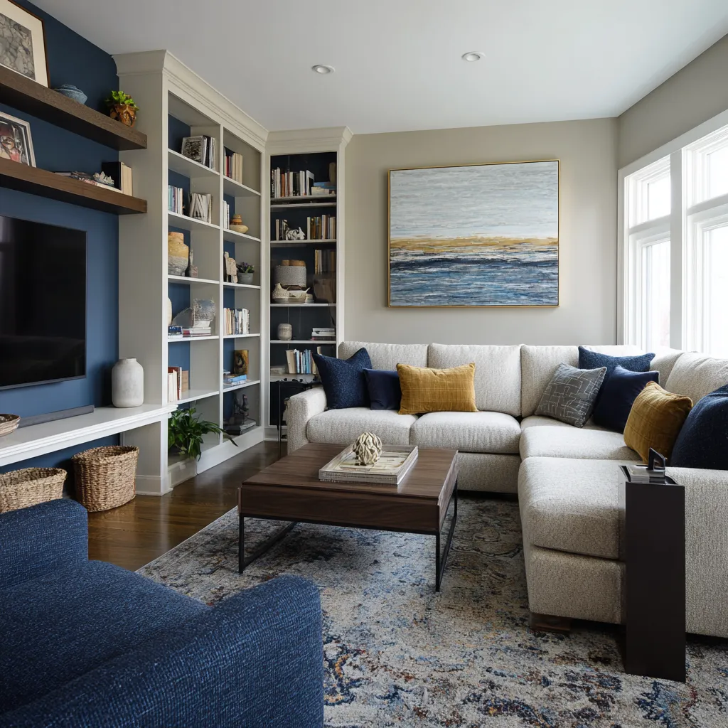 Bright eclectic family room with blue media niche, white built-ins, cream sectional, navy chairs, ochre pillows, dark walnut coffee table Bright eclectic family room with blue media niche, white built-ins, cream sectional, navy chairs, ochre pillows, dark walnut coffee table