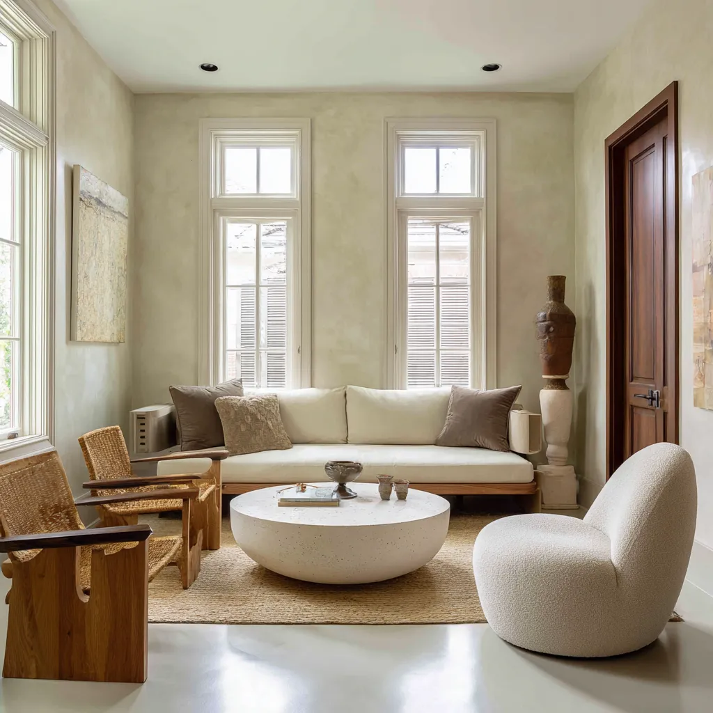 Bright living room with tall narrow windows, pale textured walls, a low long sofa, woven chairs, a rounded white coffee table Bright living room with tall narrow windows, pale textured walls, a low long sofa, woven chairs, a rounded white coffee table