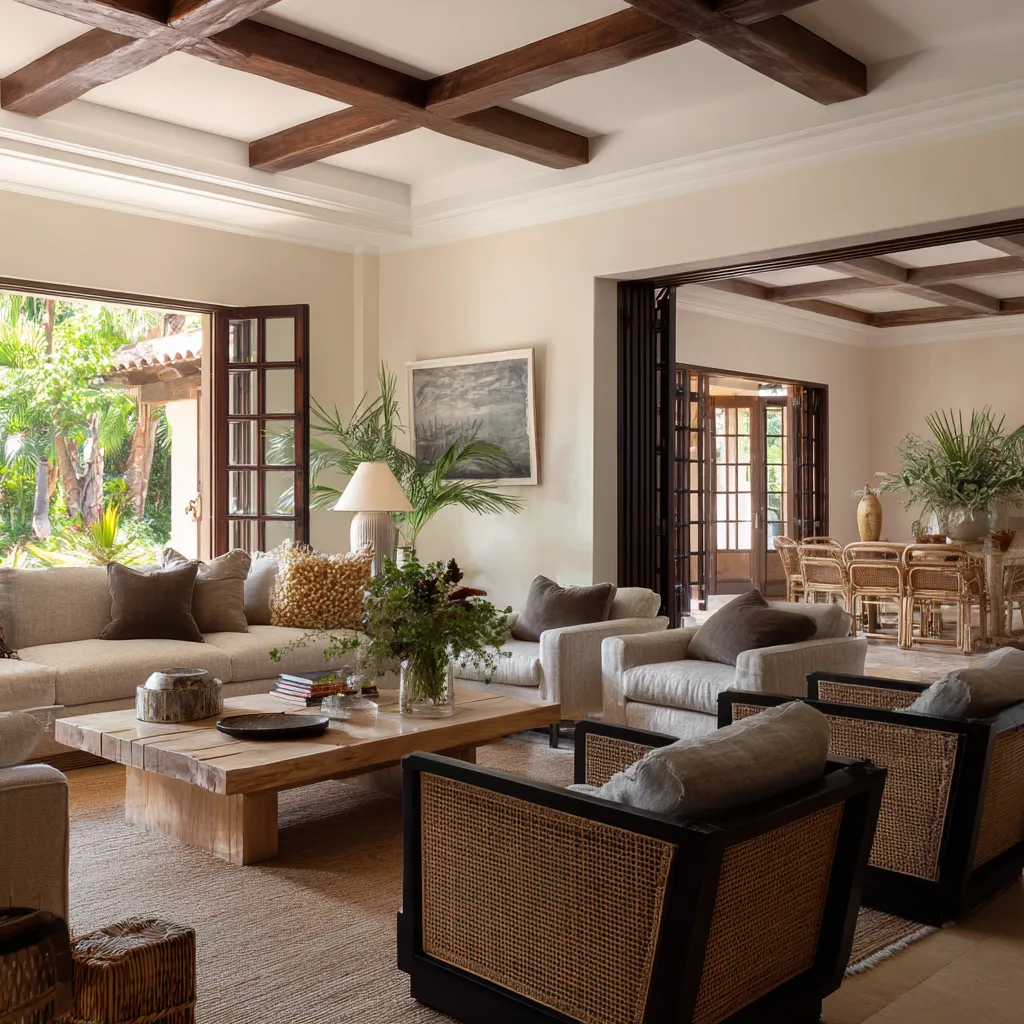 British colonial interior design concept for a larger family living room with a dark timber coffered ceiling, pale sofas British colonial interior design concept for a larger family living room with a dark timber coffered ceiling, pale sofas