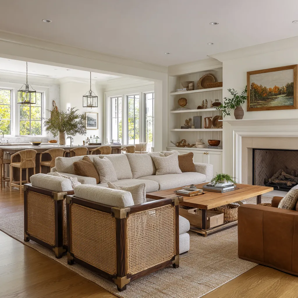 British colonial interior design inspiration showing a bright open-plan living room with creamy architecture
