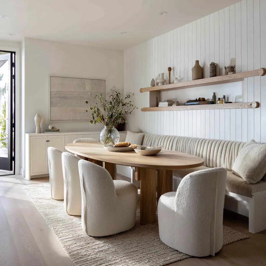 Built-in coastal dining room interior design with a long upholstered banquette, vertically paneled wall, thick floating shelves Built-in coastal dining room interior design with a long upholstered banquette, vertically paneled wall, thick floating shelves