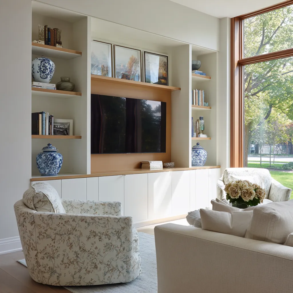 Built-in media wall, blue-and-white porcelain, pale floral lounge chairs, and a sunlit grandmillennial room shaped through symmetry and lightness Built-in media wall, blue-and-white porcelain, pale floral lounge chairs, and a sunlit grandmillennial room shaped through symmetry and lightness