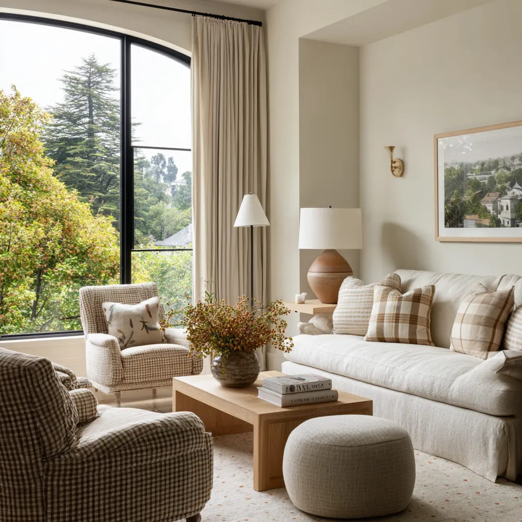 California grandmillennial living room with black arched window, slipcovered sofa, checked chairs California grandmillennial living room with black arched window, slipcovered sofa, checked chairs