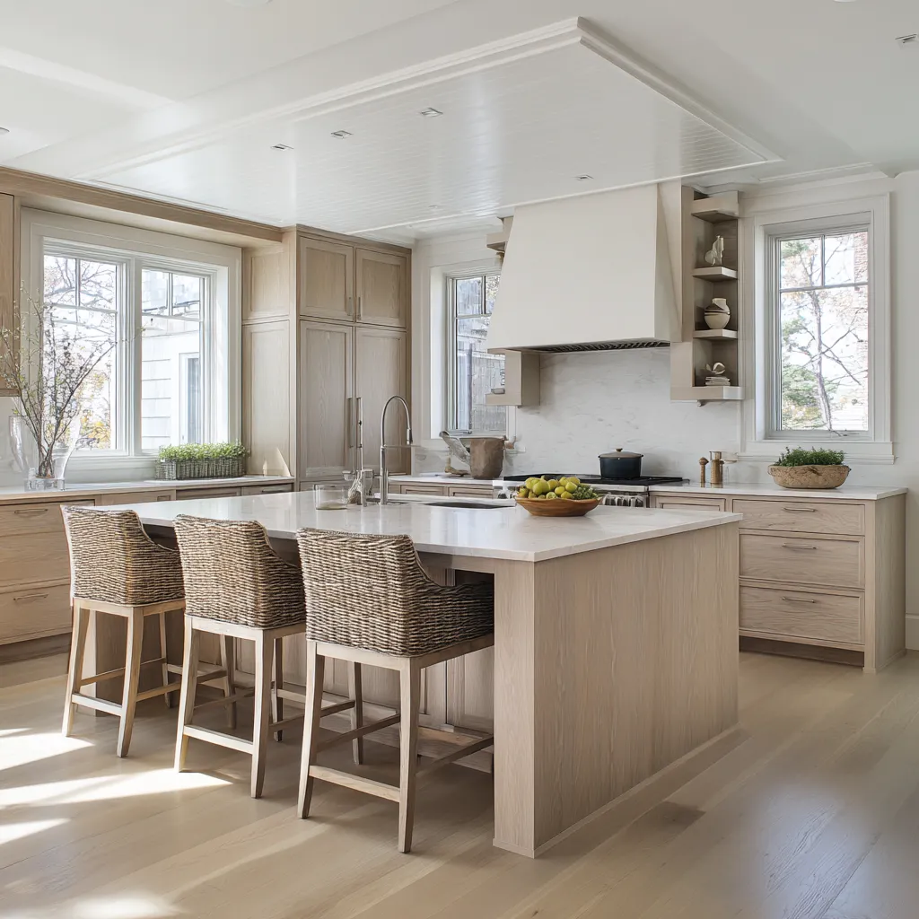 Calm modern Cape Cod kitchen concept with pale oak cabinetry, inset beadboard ceiling, suspended white hood Calm modern Cape Cod kitchen concept with pale oak cabinetry, inset beadboard ceiling, suspended white hood