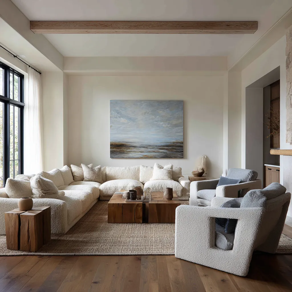 Calm modern living room with broad pale walls, black-framed windows, a large cream sectional Calm modern living room with broad pale walls, black-framed windows, a large cream sectional