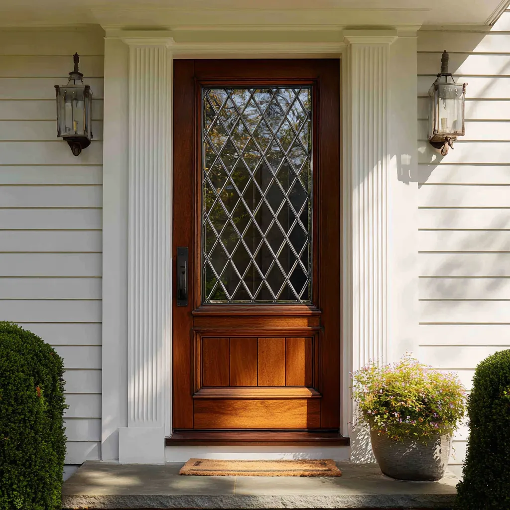 Cape door Warm wood front entry design inspiration with full-height diamond leaded glass inside a white fluted surround Cape door Warm wood front entry design inspiration with full-height diamond leaded glass inside a white fluted surround