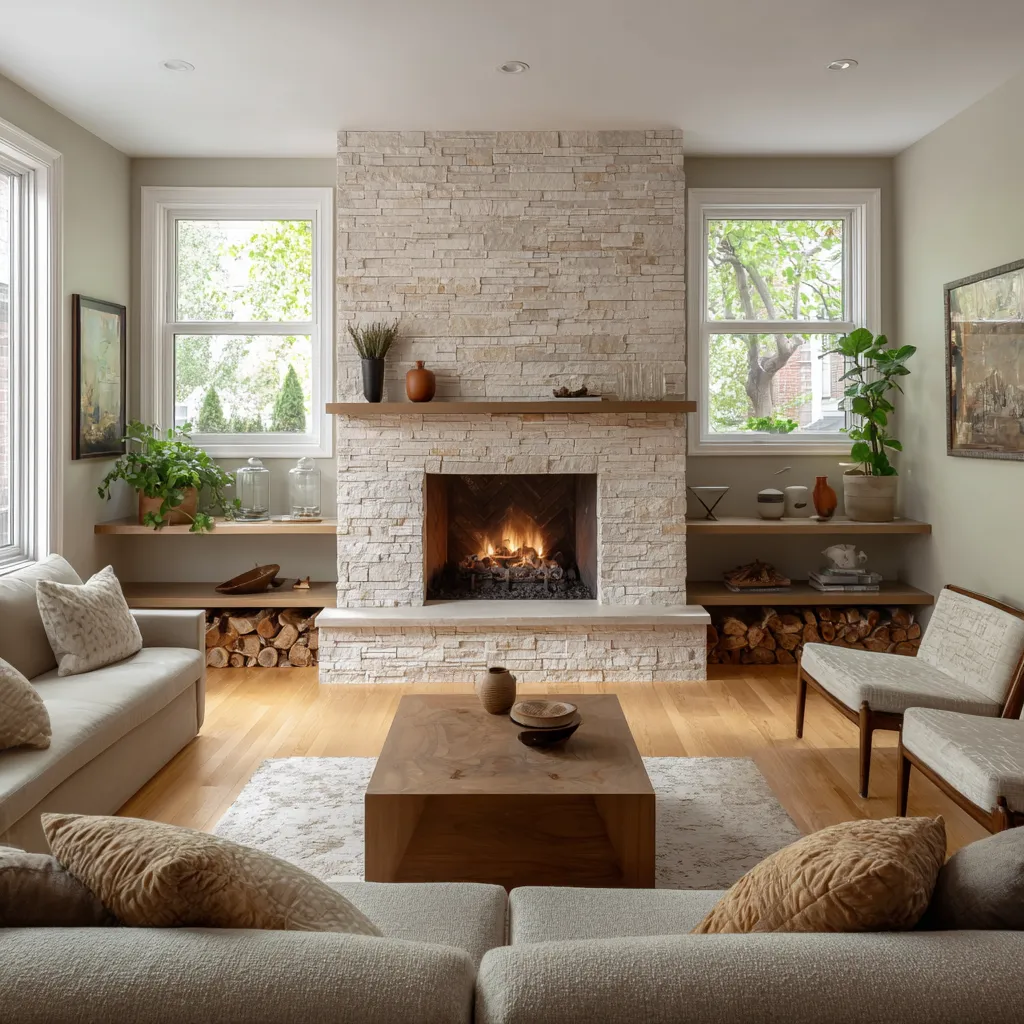 Centered Danish-inspired interior design with a pale stacked-stone fireplace, long side ledges, built-in wood storage Centered Danish-inspired interior design with a pale stacked-stone fireplace, long side ledges, built-in wood storage