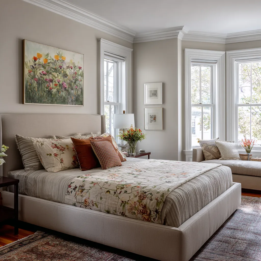 Classic bedroom with bay window, crown molding, and a floral bedspread, accented by warm rust pillows and a low upholstered bed Classic bedroom with bay window, crown molding, and a floral bedspread, accented by warm rust pillows and a low upholstered bed