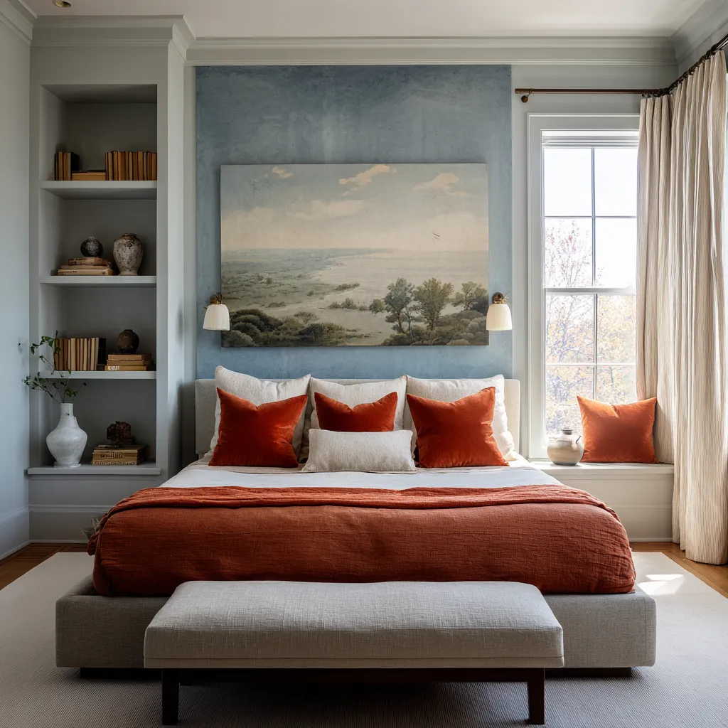 Classic bedroom with pale trim, a storm-blue inset wall, large coastal landscape painting, rust velvet pillows and coverlet Classic bedroom with pale trim, a storm-blue inset wall, large coastal landscape painting, rust velvet pillows and coverlet