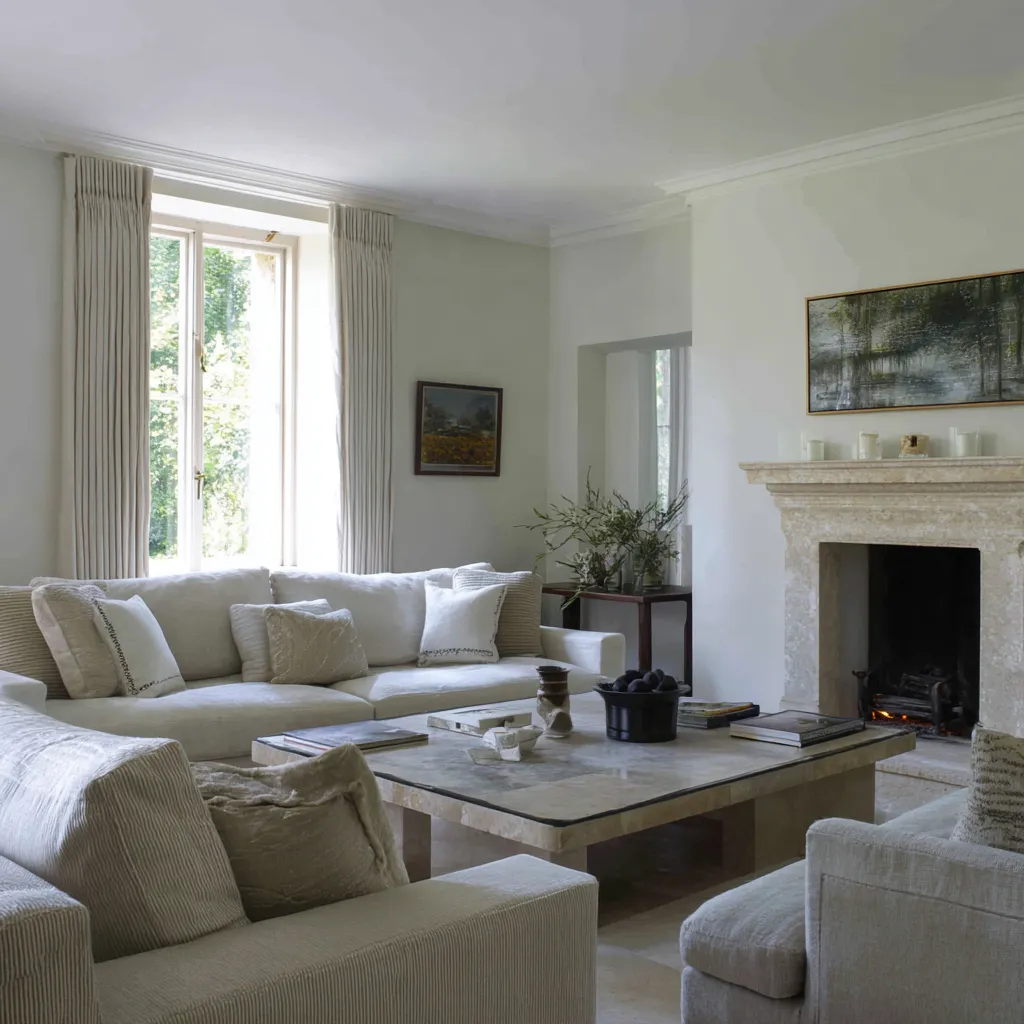 Classy English country living room concept with tall drapery, pale stone fireplace, oversized stone coffee table Classy English country living room concept with tall drapery, pale stone fireplace, oversized stone coffee table
