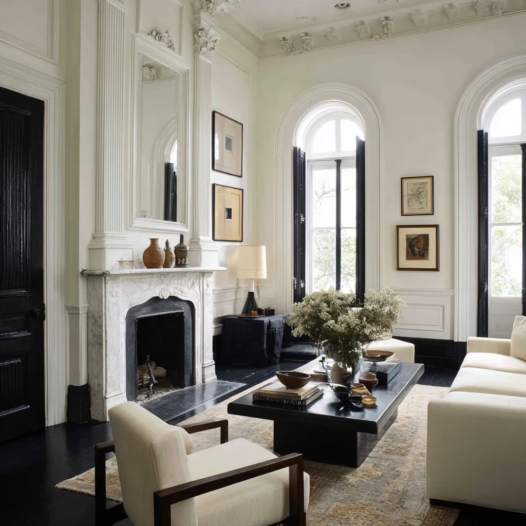 Classy grand historic living room ideas with ornate cornices, arched windows, black shutters and doors, a marble fireplace, oversized mirror Classy grand historic living room ideas with ornate cornices, arched windows, black shutters and doors, a marble fireplace, oversized mirror
