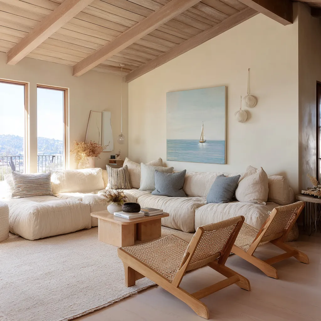 Coastal Danish-inspired interior design ideas with a pale sectional, light timber ceiling beams, woven lounge chairs Coastal Danish-inspired interior design ideas with a pale sectional, light timber ceiling beams, woven lounge chairs