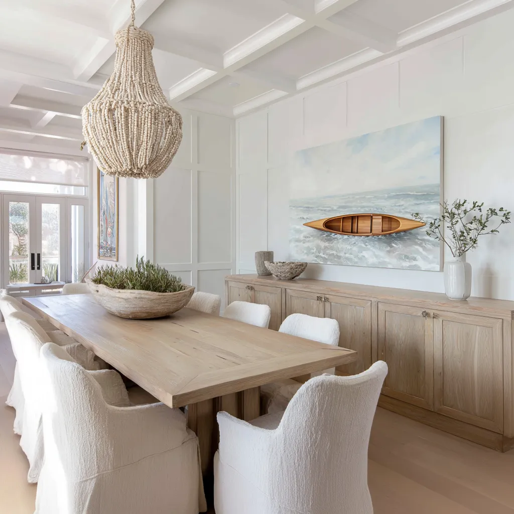 Coastal dining room design concept with a pale seascape painting, a canoe wall sculpture, a beaded chandelier Coastal dining room design concept with a pale seascape painting, a canoe wall sculpture, a beaded chandelier
