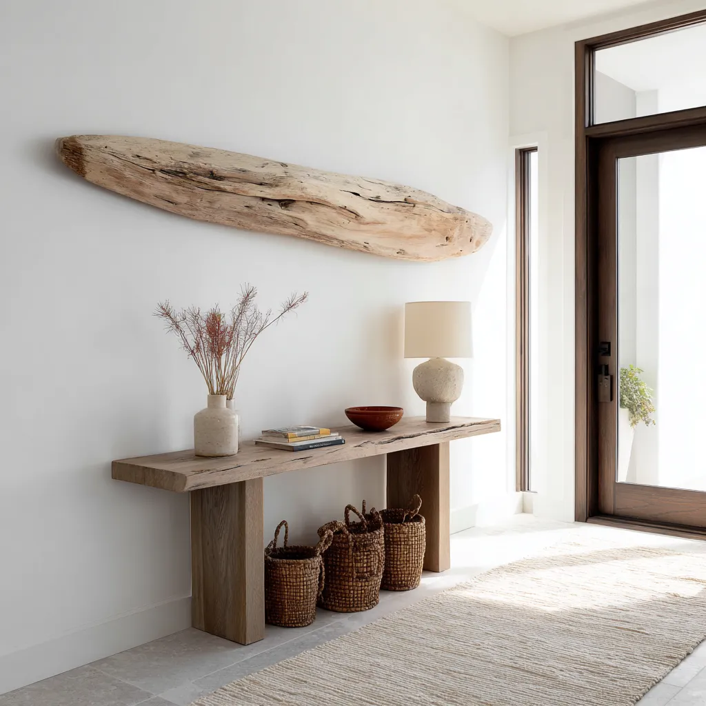 Coastal entryway design idea with sculptural driftwood wall decor above a simple wood console, woven baskets Coastal entryway design idea with sculptural driftwood wall decor above a simple wood console, woven baskets