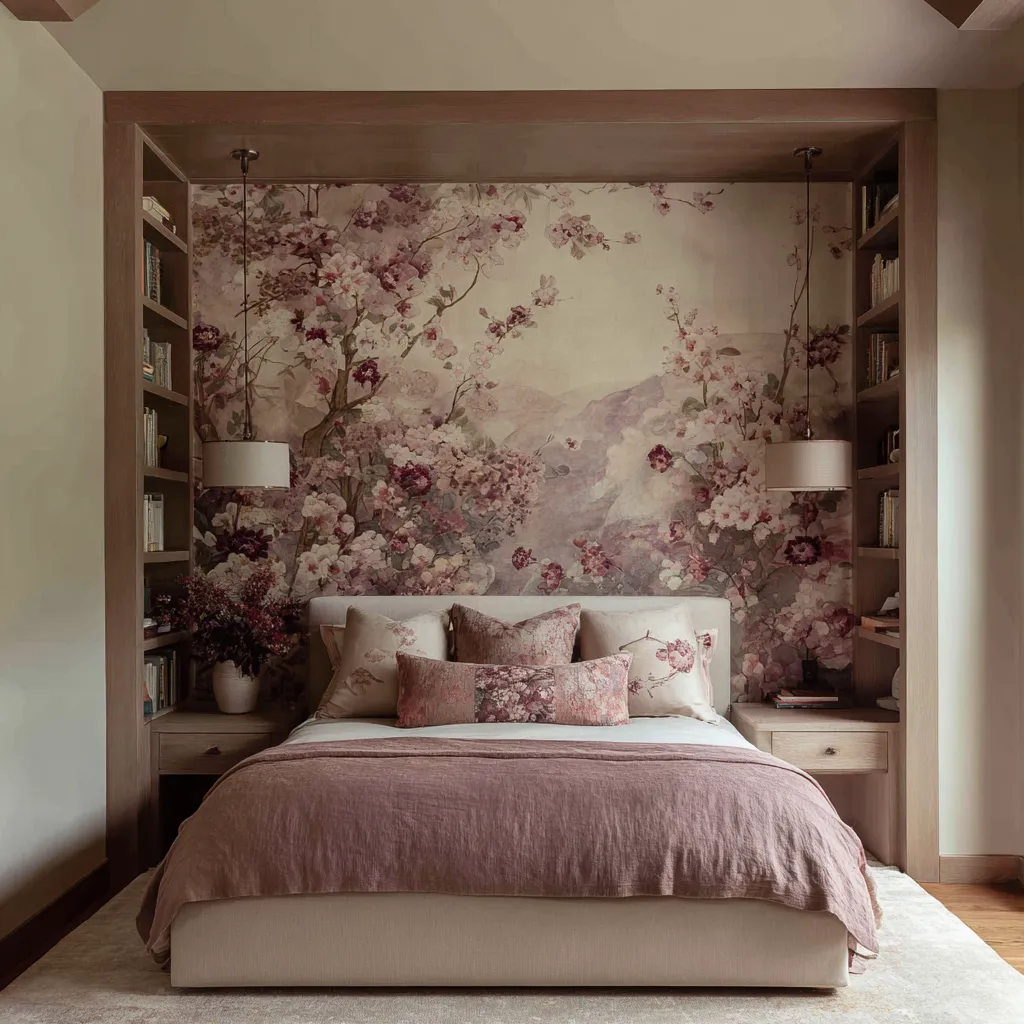Cocoon-like pink maximalist bedroom with an antique rose floral mural, walnut canopy bed frame, built-in shelving Cocoon-like pink maximalist bedroom with an antique rose floral mural, walnut canopy bed frame, built-in shelving