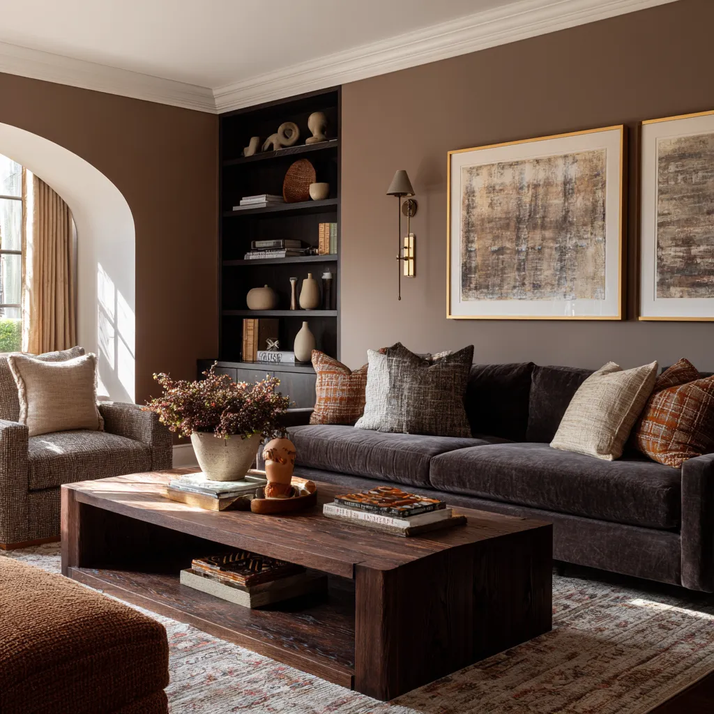 Cocooning living room with plum-brown walls, dark shelving niche, deep charcoal-plum sofa, large walnut coffee table Cocooning living room with plum-brown walls, dark shelving niche, deep charcoal-plum sofa, large walnut coffee table