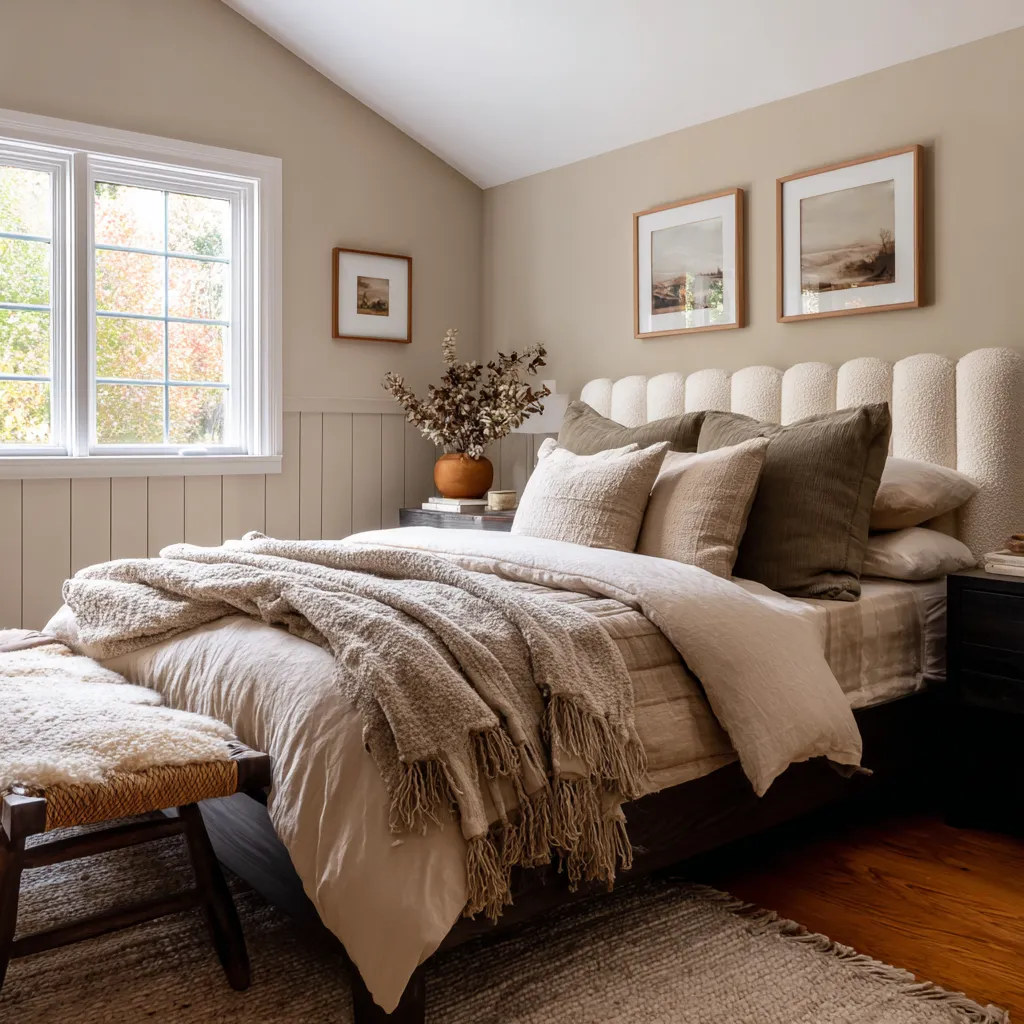 Comfortable bedroom with a scalloped upholstered headboard, layered beige and taupe bedding, a fringed throw Comfortable bedroom with a scalloped upholstered headboard, layered beige and taupe bedding, a fringed throw