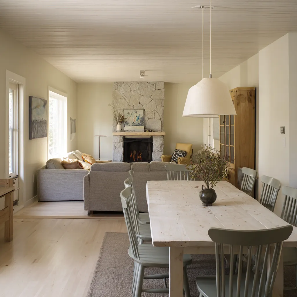 Comfy interior design concept in Norwegian style for a combined living-dining room with long communal timber table, pale wood ceiling Comfy interior design concept in Norwegian style for a combined living-dining room with long communal timber table, pale wood ceiling