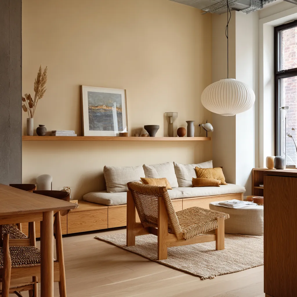 Compact Danish-inspired apartment interior design concept with a long floating shelf, built-in sofa base, warm beige wall Compact Danish-inspired apartment interior design concept with a long floating shelf, built-in sofa base, warm beige wall