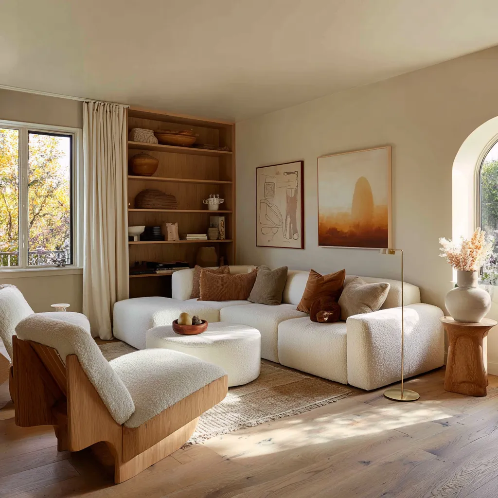 Compact Danish-inspired interior design concept featuring built-in wood shelving, a low modular white sectional Compact Danish-inspired interior design concept featuring built-in wood shelving, a low modular white sectional