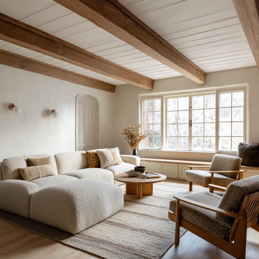 Compact Nordic cottage living room with exposed beams, a white plank ceiling, built-in bench Compact Nordic cottage living room with exposed beams, a white plank ceiling, built-in bench
