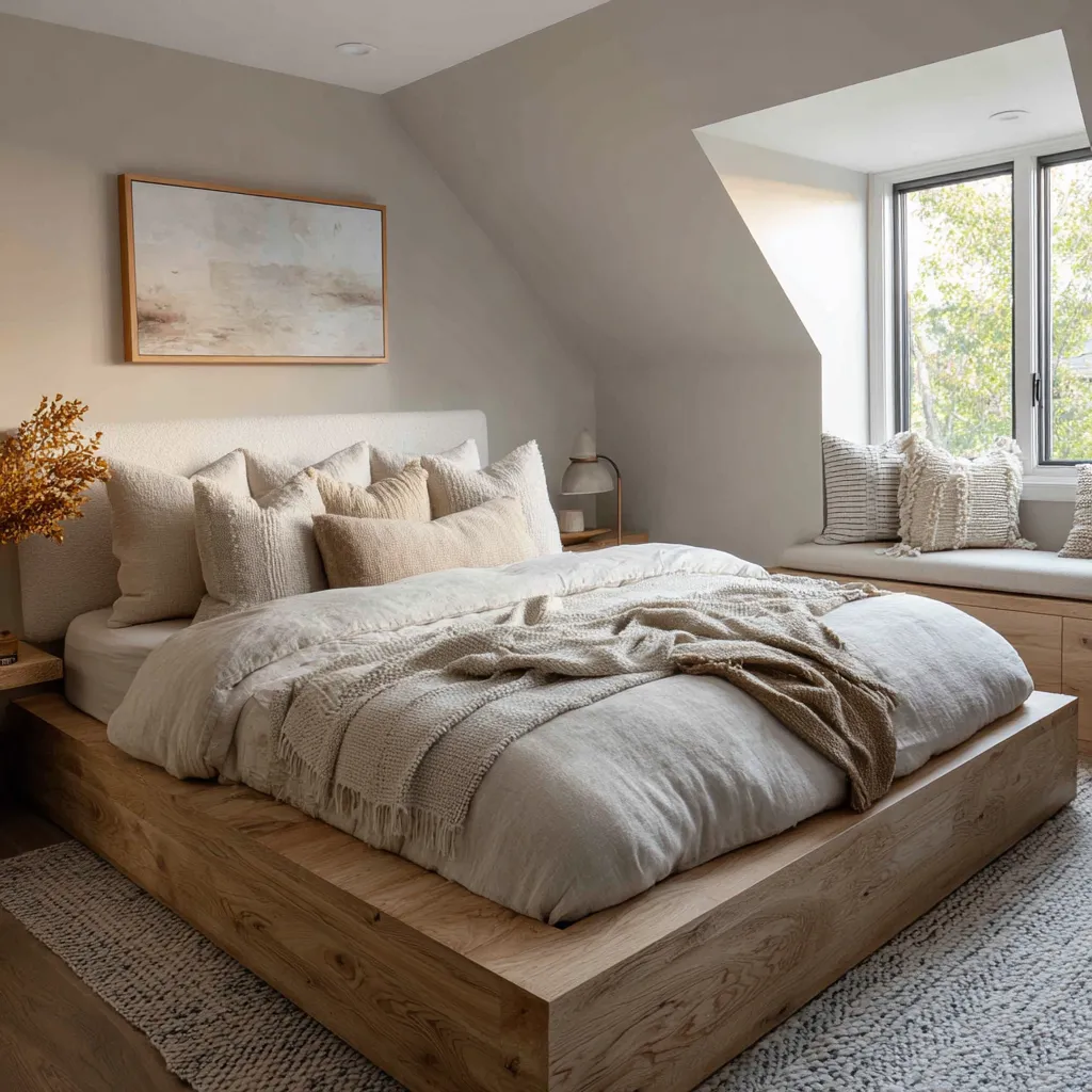 Compact attic-style bedroom with a low pale wood bed, mushroom-gray walls, layered cream and oat bedding Compact attic-style bedroom with a low pale wood bed, mushroom-gray walls, layered cream and oat bedding