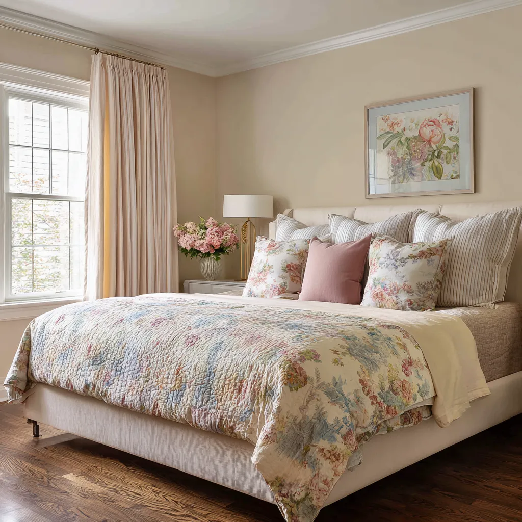 Compact bedroom idea with paneled wall backdrop, winged upholstered bed, pale floral quilt, and cool blue accent pillows in a symmetrical layout Compact bedroom idea with paneled wall backdrop, winged upholstered bed, pale floral quilt, and cool blue accent pillows in a symmetrical layout