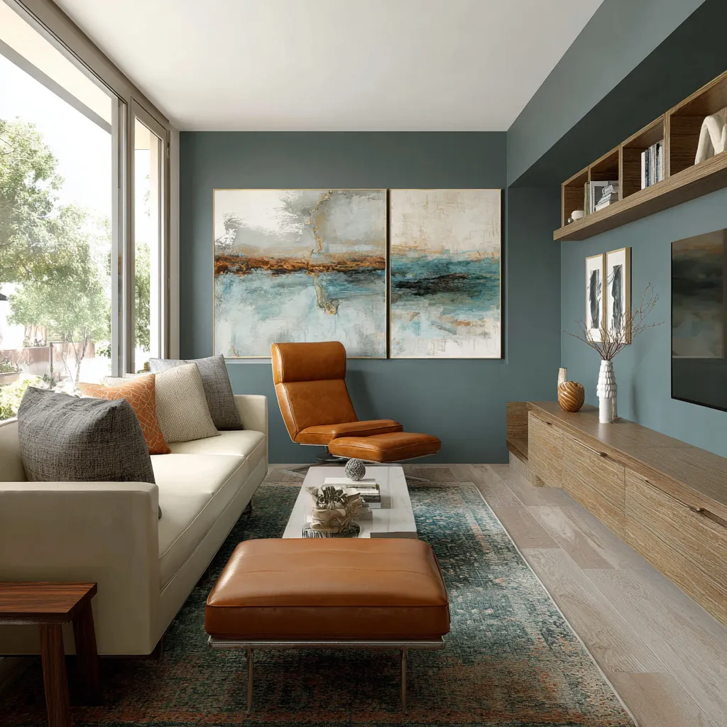 Compact teal-walled media lounge with cream sofa, cognac leather chair and ottoman, paired abstract canvases, low walnut cabinetry Compact teal-walled media lounge with cream sofa, cognac leather chair and ottoman, paired abstract canvases, low walnut cabinetry