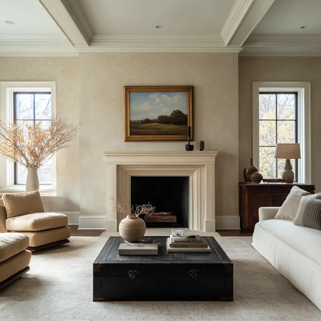Contemporary English country old money living room interior design concept with a centered fireplace, landscape painting Contemporary English country old money living room interior design concept with a centered fireplace, landscape painting